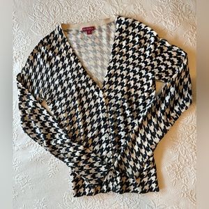 Merona cardigan sweater, ivory & black, V-neck, front button, XS